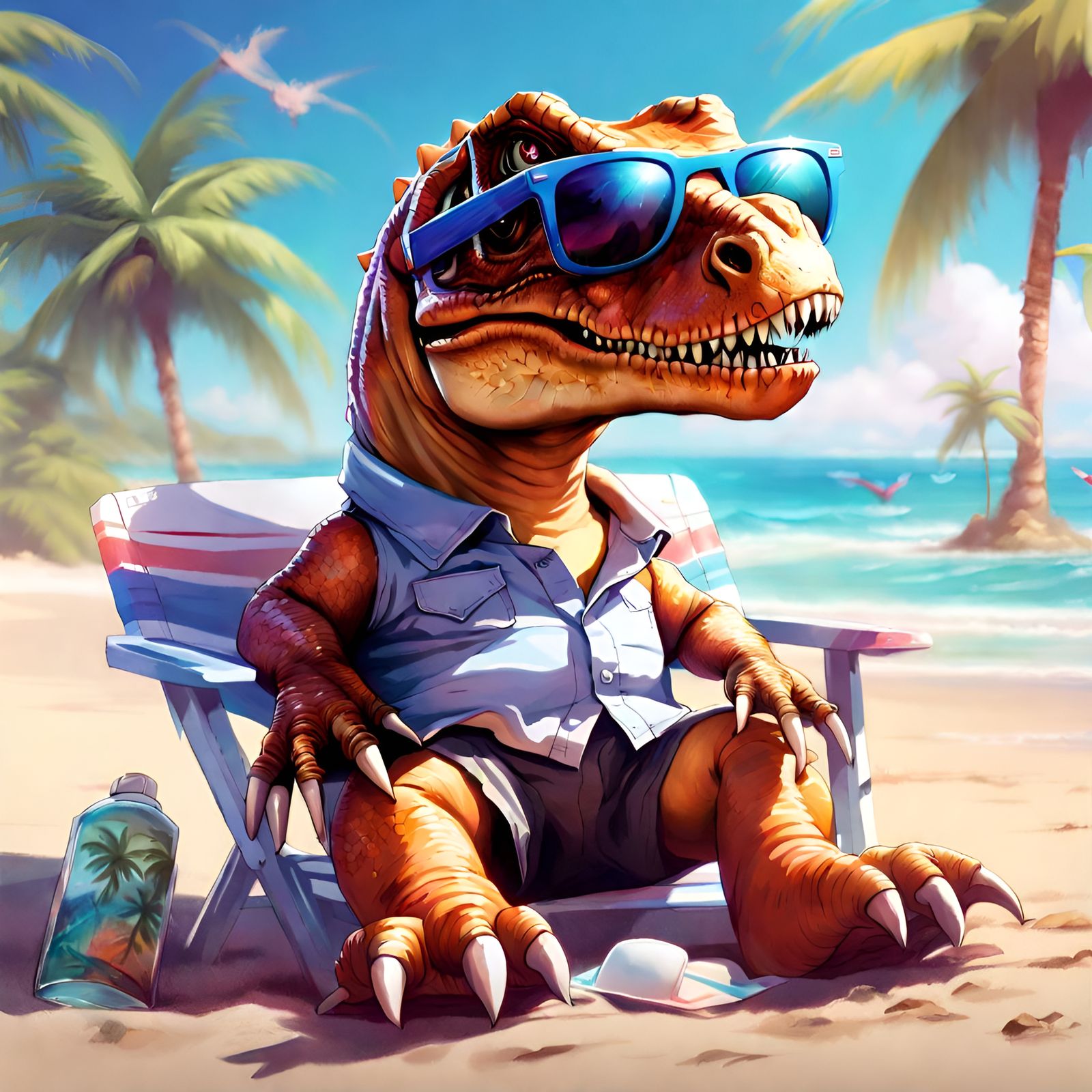 Cartoon T-Rex on the Beach, Pixar Style