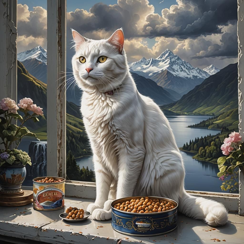 Ornate Cat Food Tin with White Cat on Sill