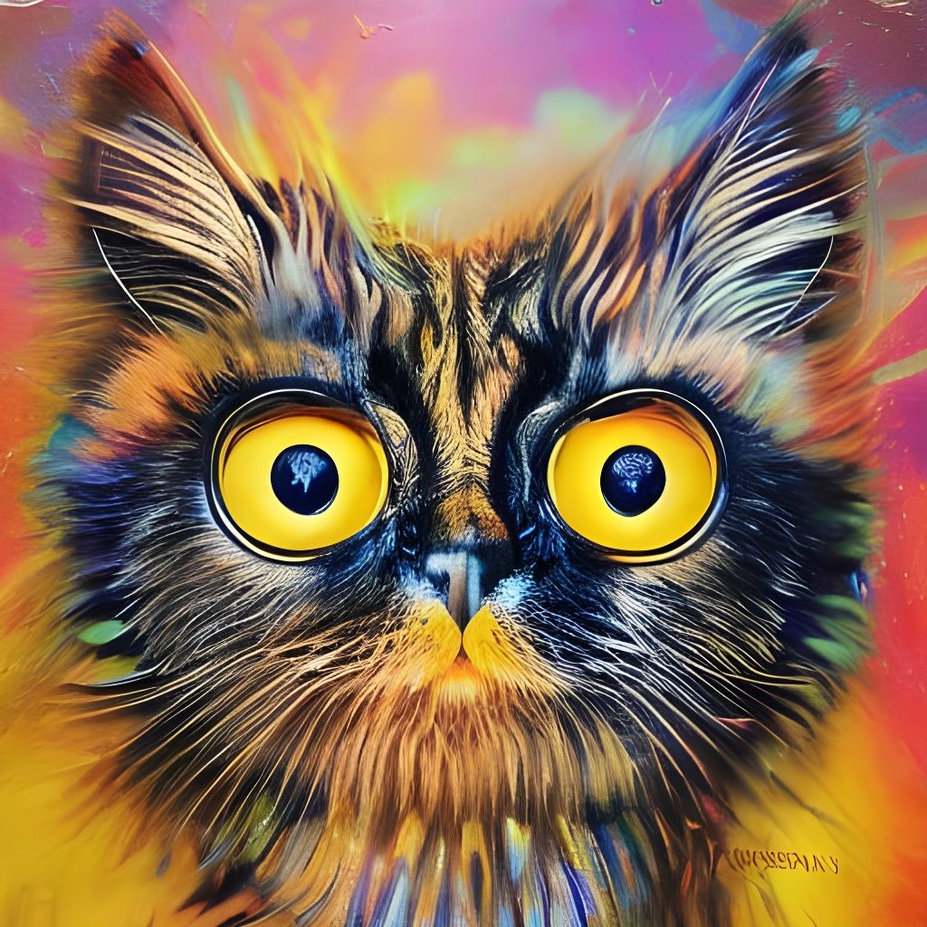Surreal Cat Owl Fusion: Impasto Sci-Fi Painting