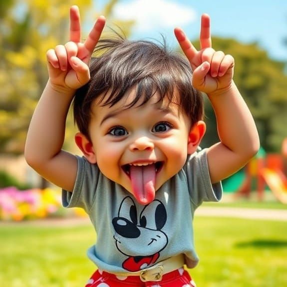 Joyful Kid Exudes Playful Defiance in Whimsical Cartoon Sett...