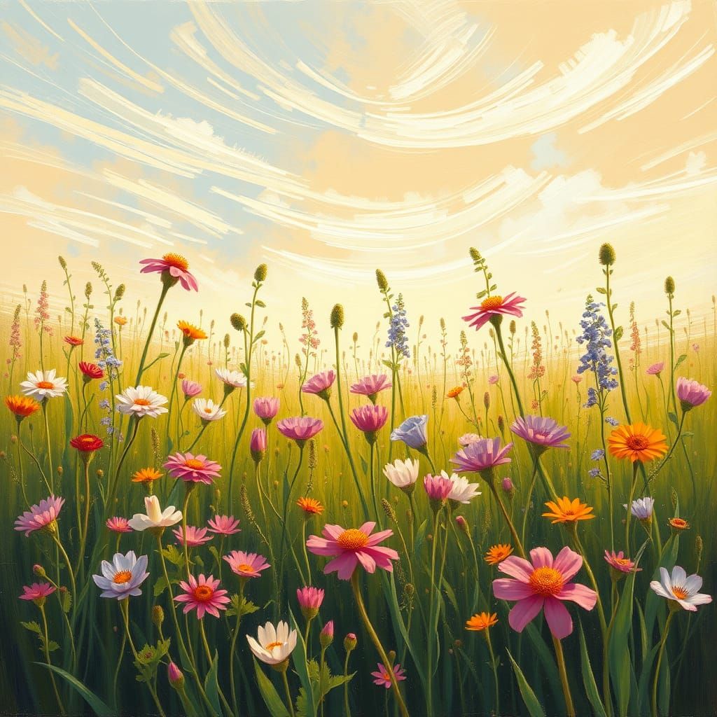 Idyllic Meadow: Impressionist Oil Painting of Wildflowers