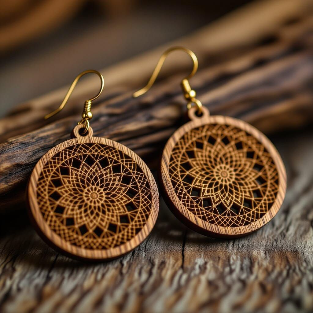 Intricate Wooden Jewelry Earrings Close-Up