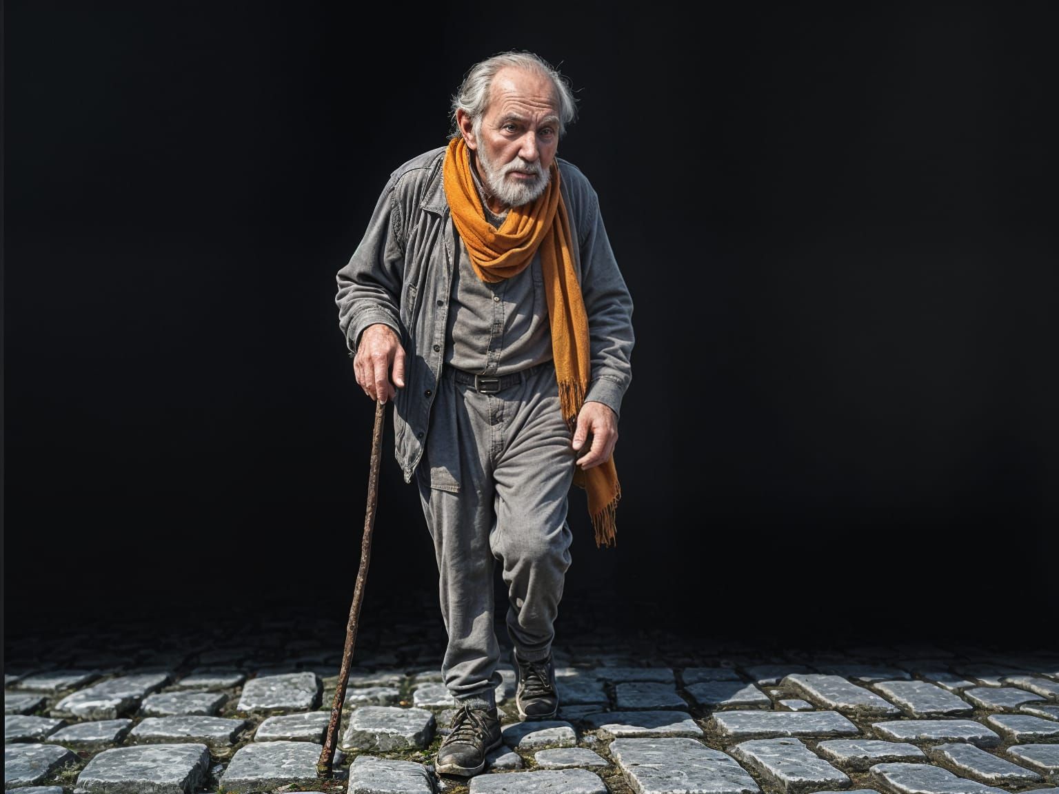 Frail Old Man Walks Along Cobblestone Path in Hyper-Realisti...
