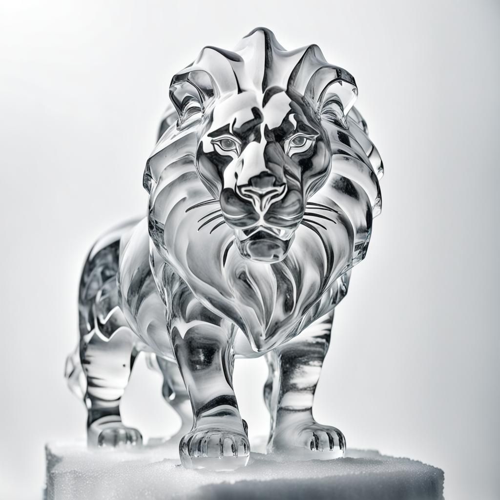 Minimalist Ice Lion Sculpture on White