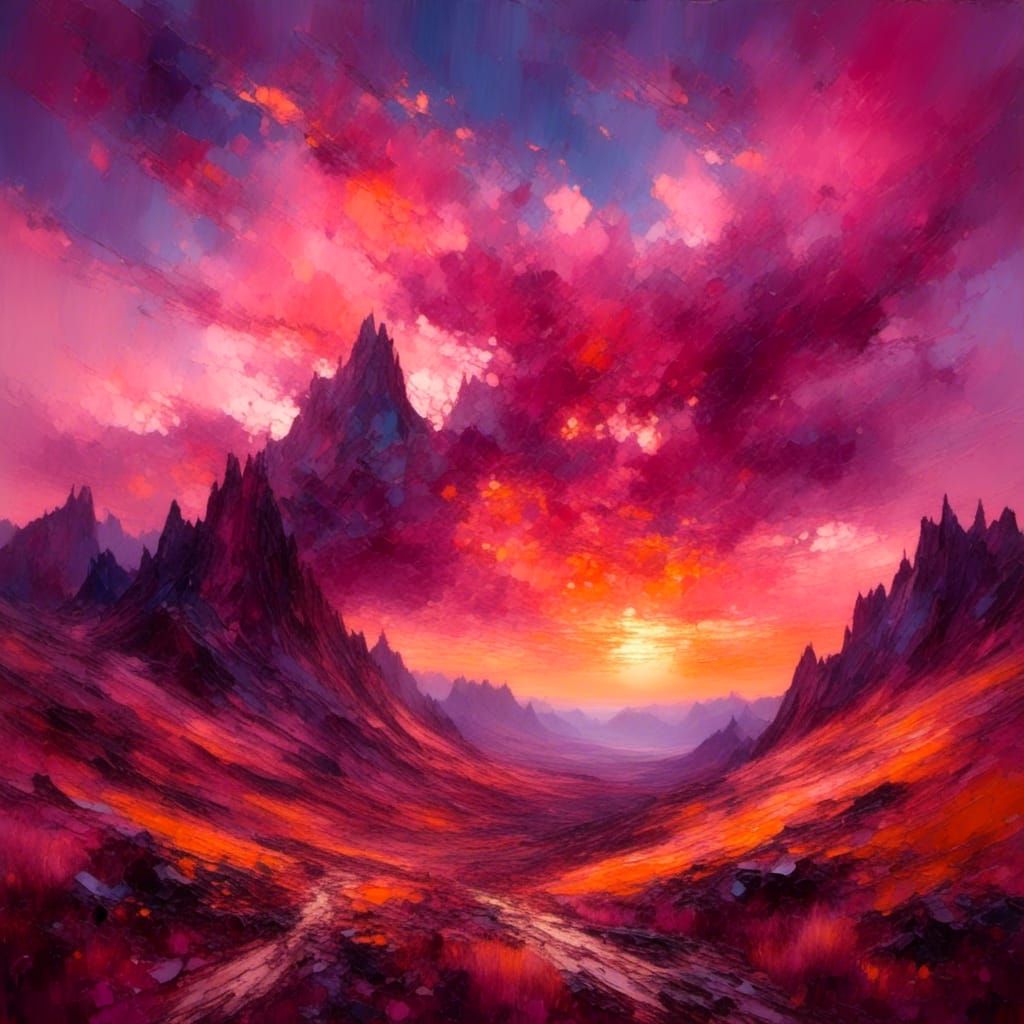 Surreal Sunset with Mountains in Oil Painting Style