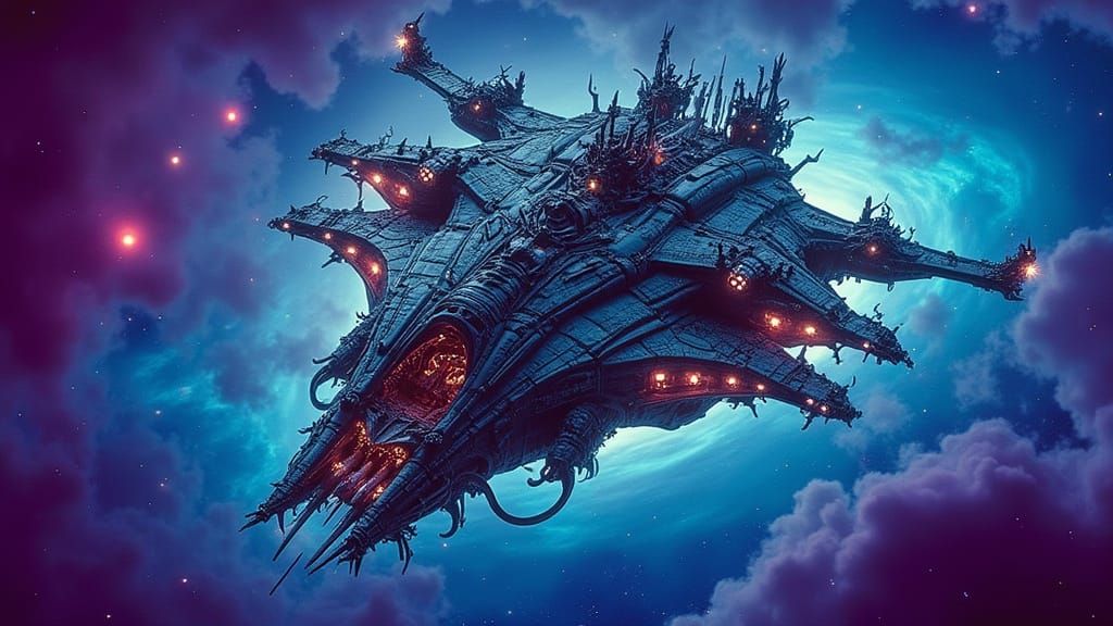 Cyberpunk Space Pirate Vessel in Dark Futurism Style