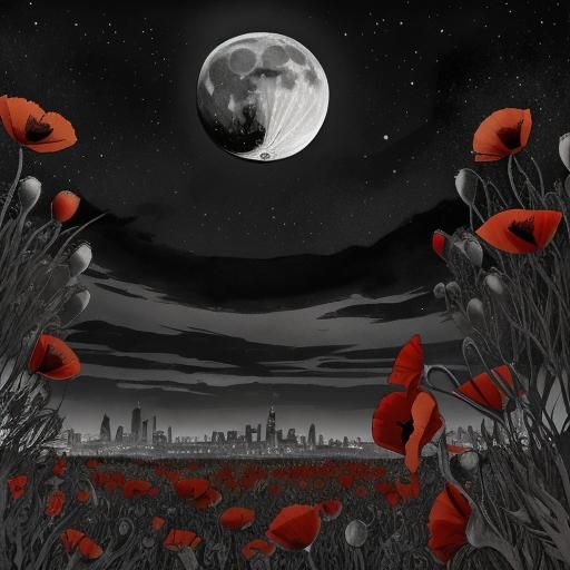 London Poppy Field in Selective Color Ink Sketch