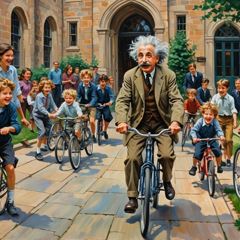 Einstein on Bicycle: Neo-Impressionist Oil Painting