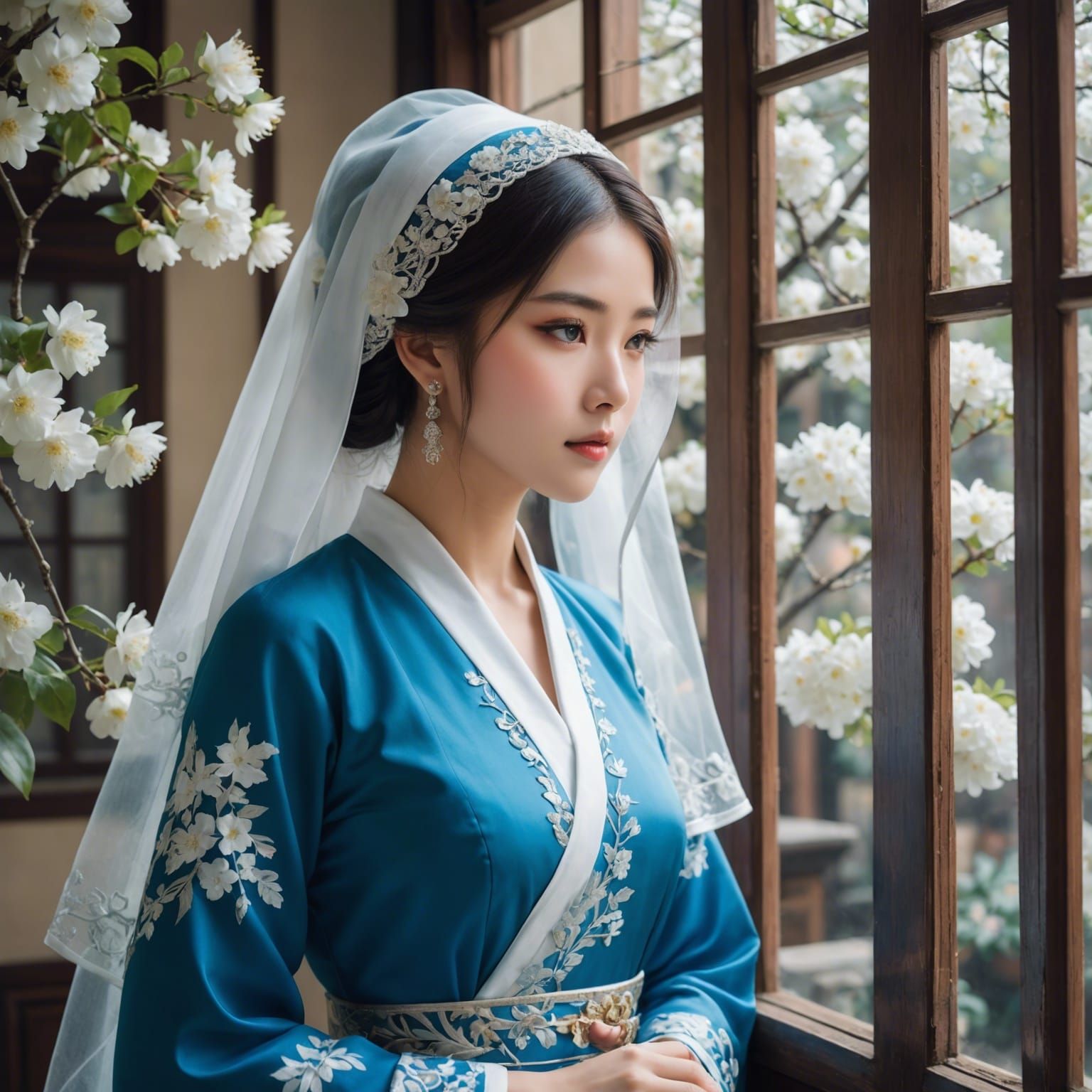 Anime Girl in Blue Dress Gazing at Tree