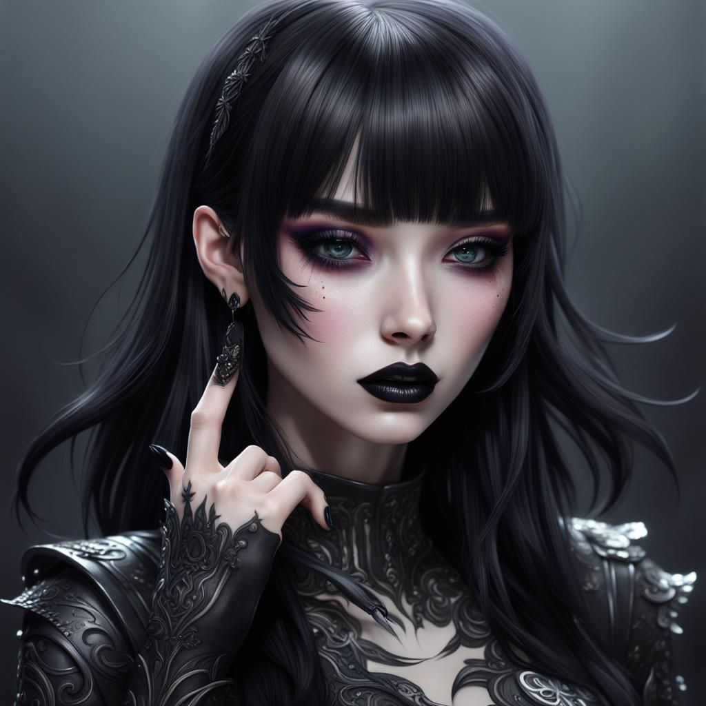 E-girl, fully body, black hair, bangs hairstyle, pale skin,