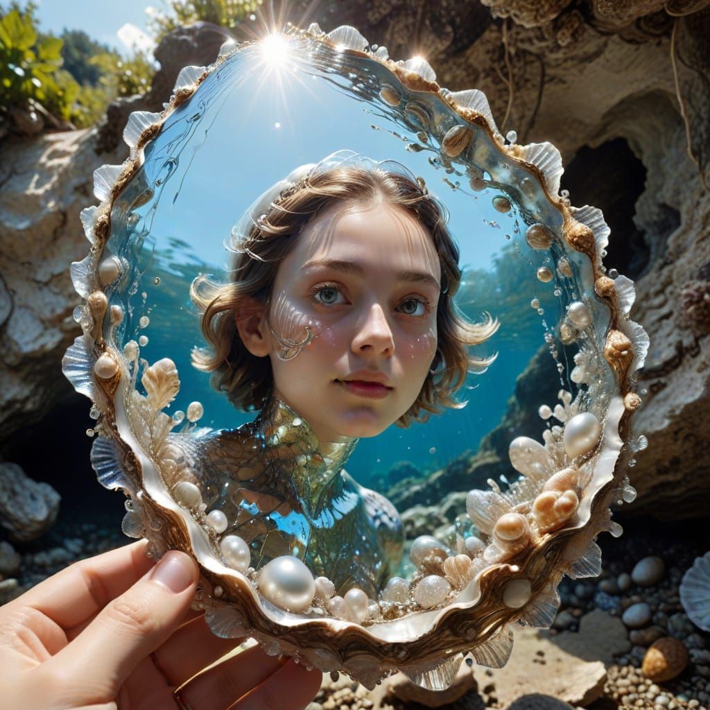Photorealistic Pearl Diver in Sunlit Underwater Garden
