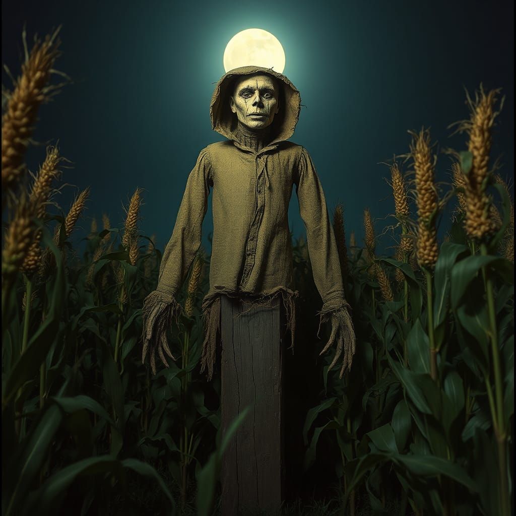 Eerie Scarecrow in Moonlit Cornfield: A Horror Scene