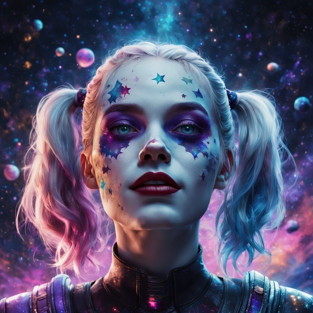 Harley Quinn as Cosmic Goddess in Vibrant Oil Painting Style