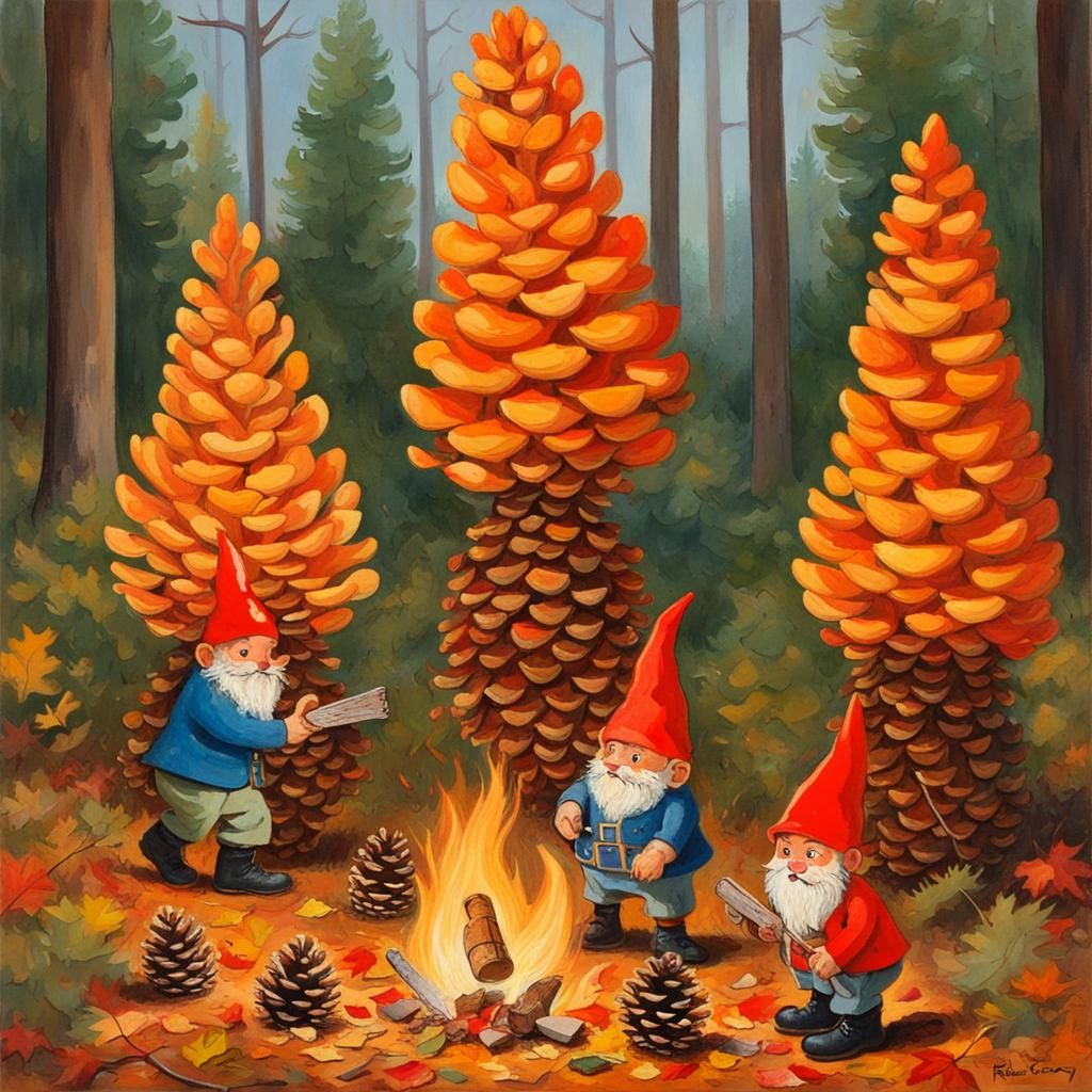 Autumn Fires and Gnomes in Oil Painting Style