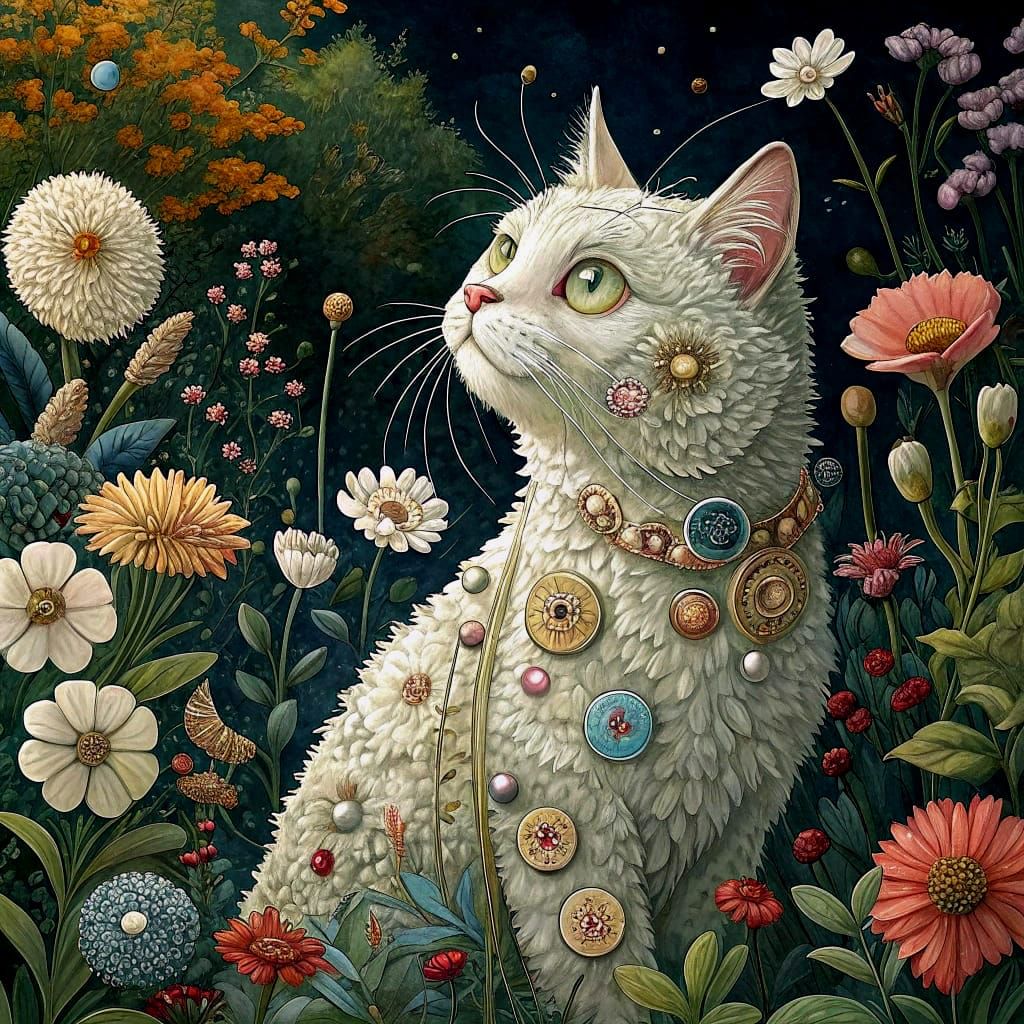 Whimsical Button Cat Amidst Vibrant Floral Garden