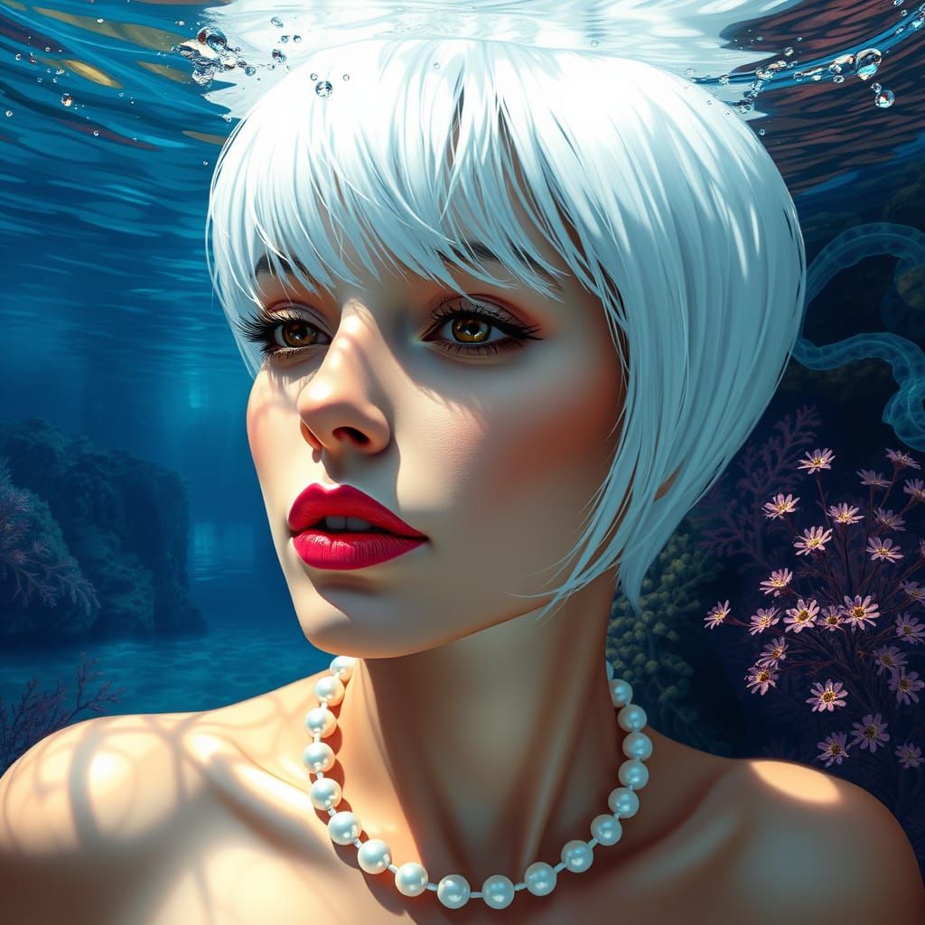 Woman Underwater Reflecting Monet Painting