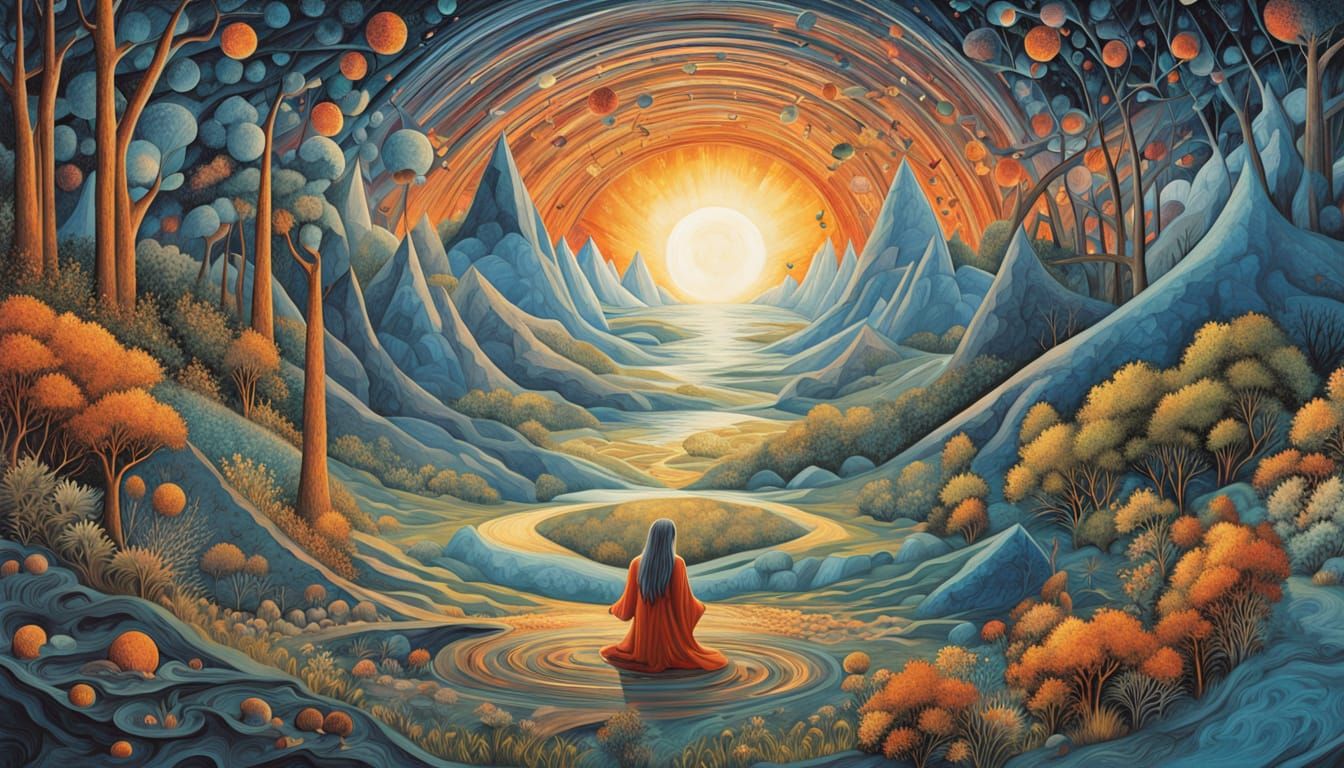 Sculptor in Surreal Spiral Sculpture Amidst Nature