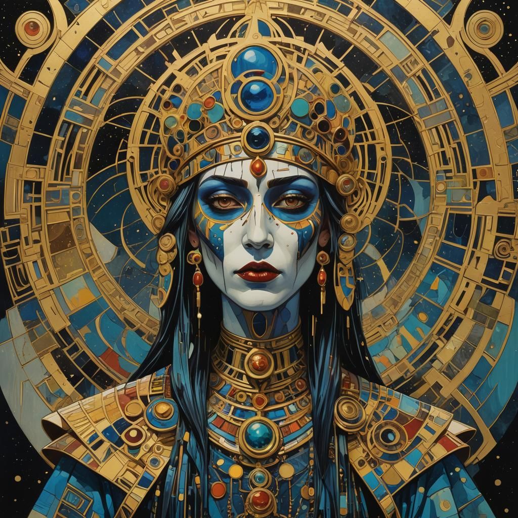 Tribal Priestess Gazing in Futuristic Tetraedic Art