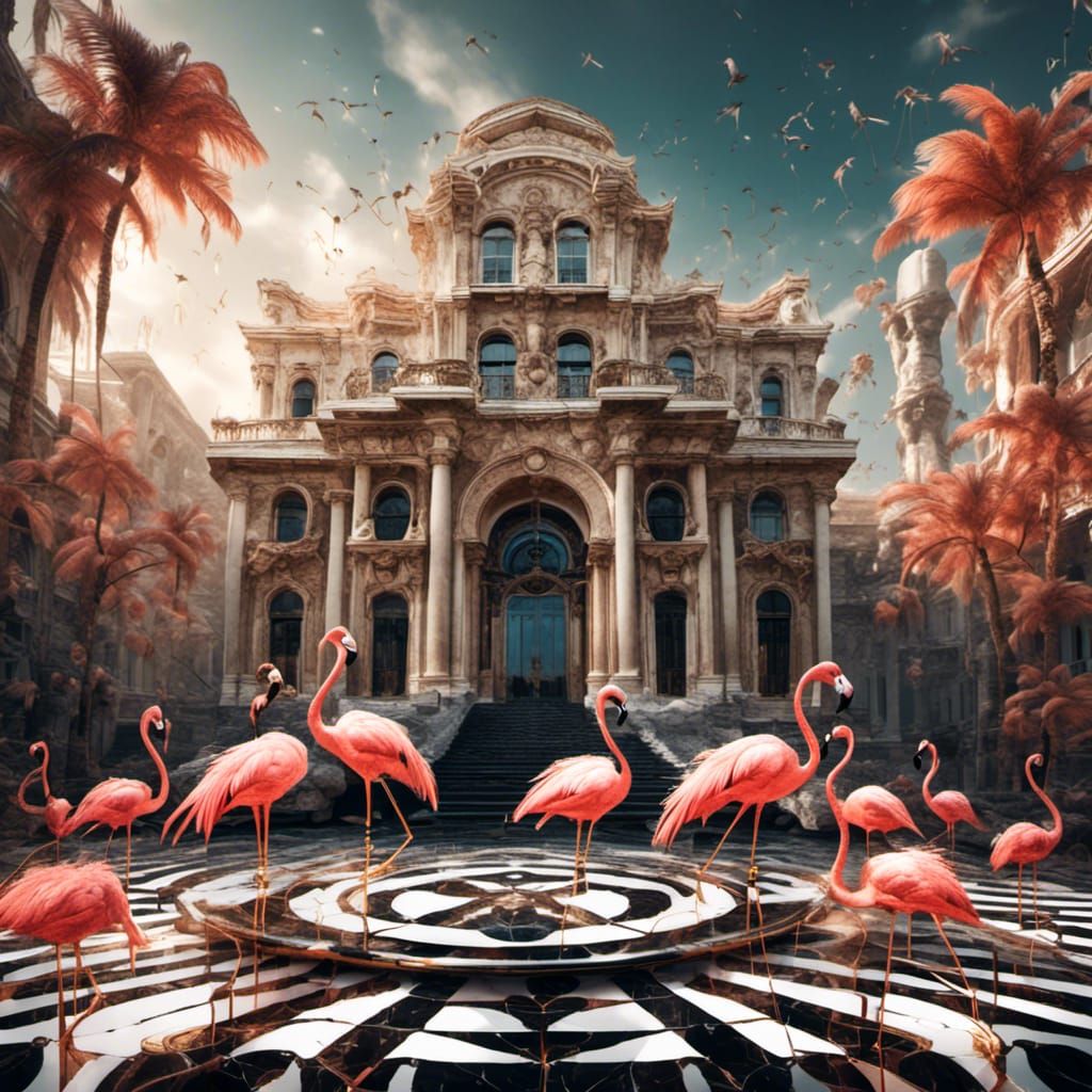 Flamingos in Italy: Art Deco Cubist Steampunk Illustration