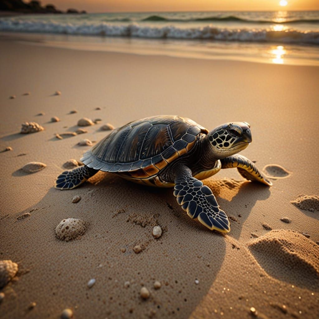Tiny Sea Turtle in Warm Beach Sunset