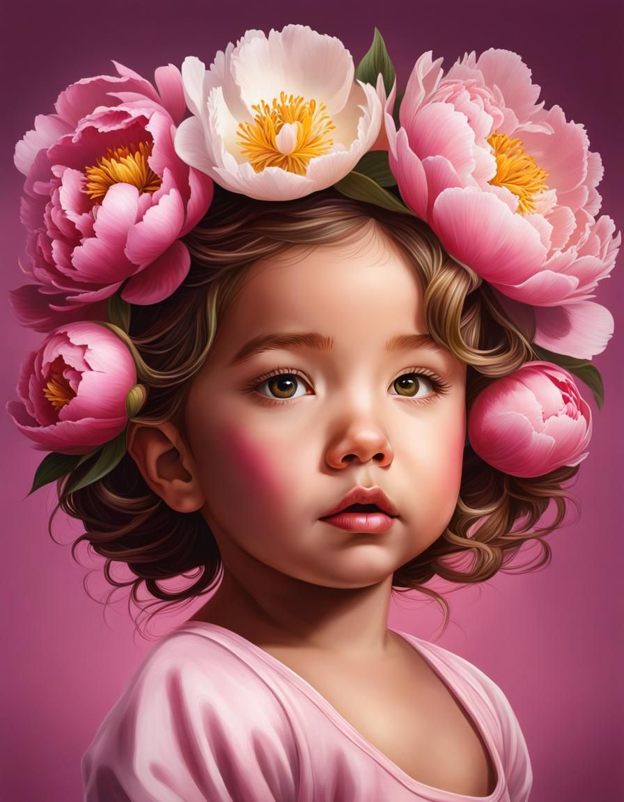 Toddler with Peonies: Hyperrealistic Splash Art Portrait