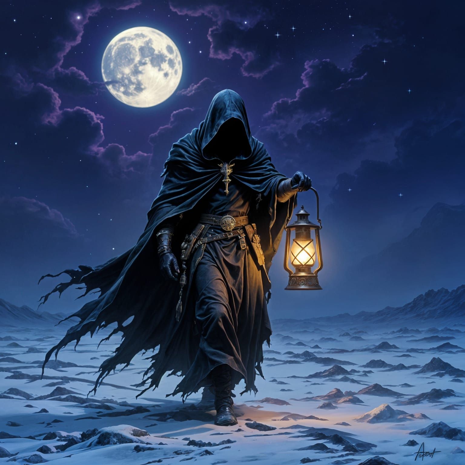 Dark Fantasy Figure with Lantern on Windswept Plain