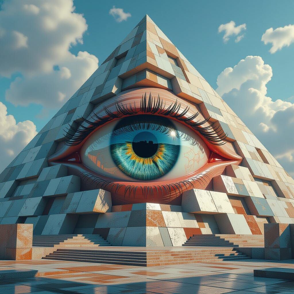 Hyperrealistic Eye in Cubist Pyramid: Art Deco Style