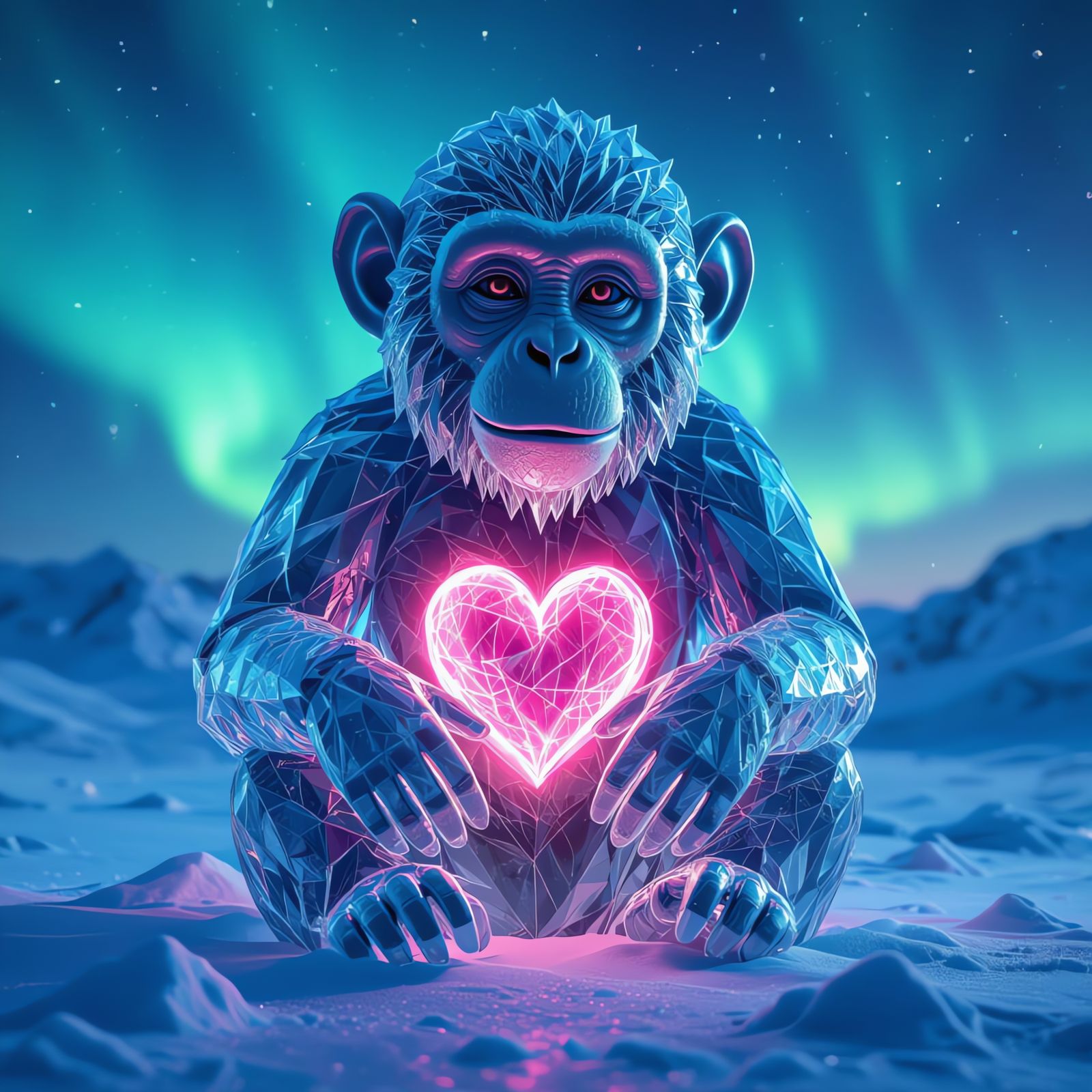 Frozen Crystal Monkey Sculpture with Neon Heart