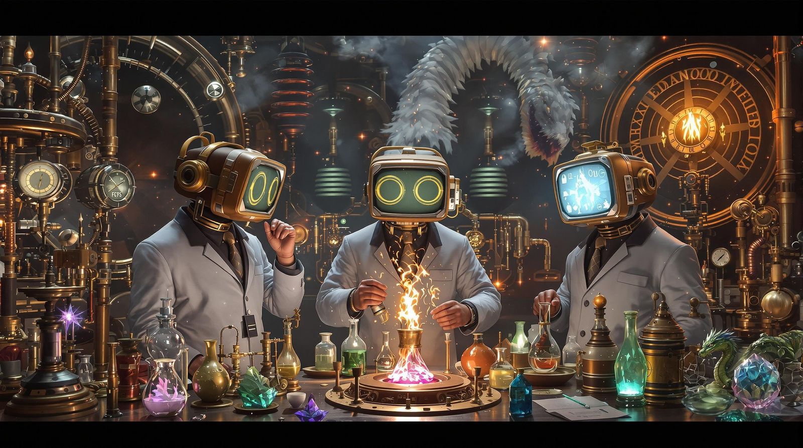 Steampunk Scientists in a Whimsical Laboratory