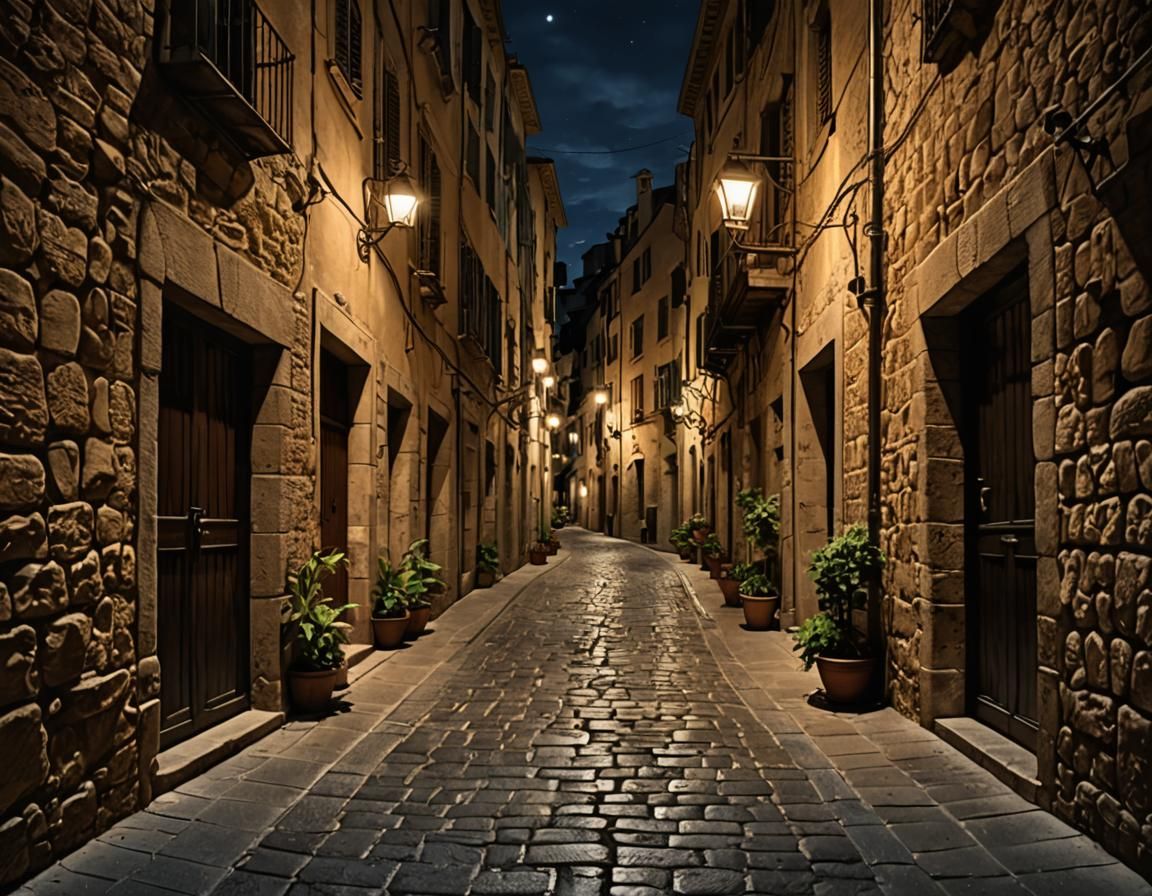 Nighttime View of Medieval Girona Street