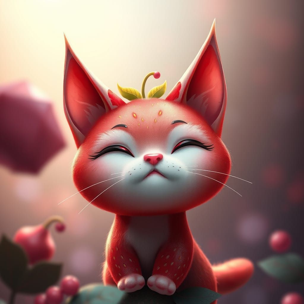 Whimsical Strawberry Cat in Dreamlike Realms