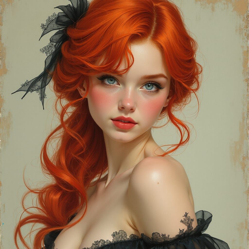 Elegant Redhead with Blue Eyes in Art Nouveau Style