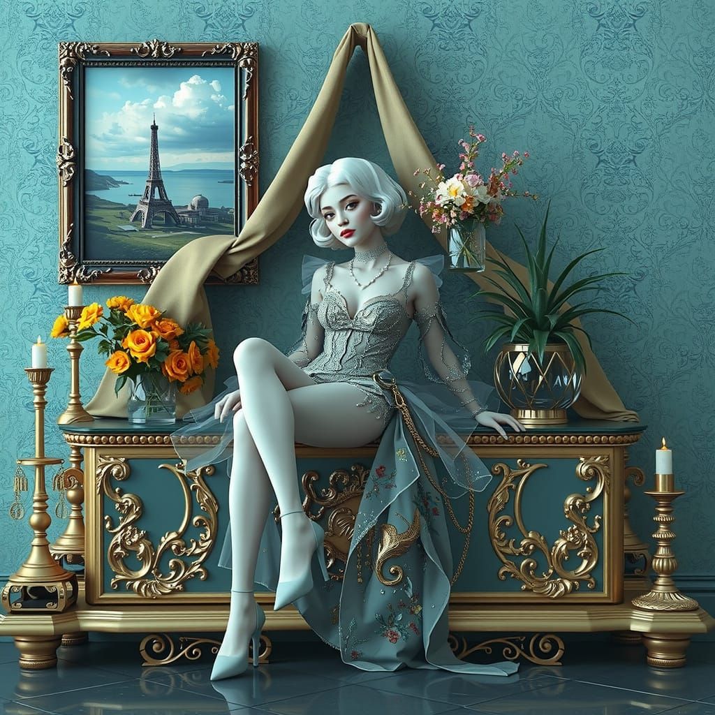 Psychedelic 3D Scene with Maximalist Glamour