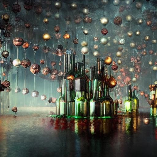 Light bulbs wine bottles spheres beads of black pearls