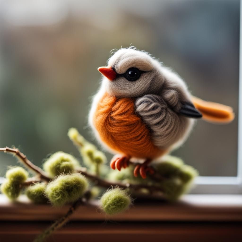 Wool Needle Felting of Small Bird by Window