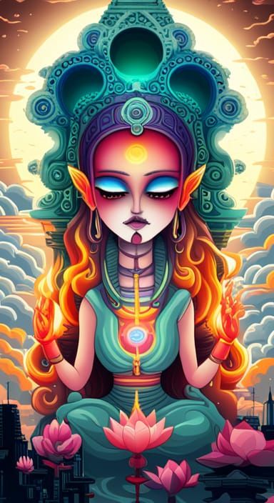 Chibi Vajrayogini in Futuristic Asian Neon City