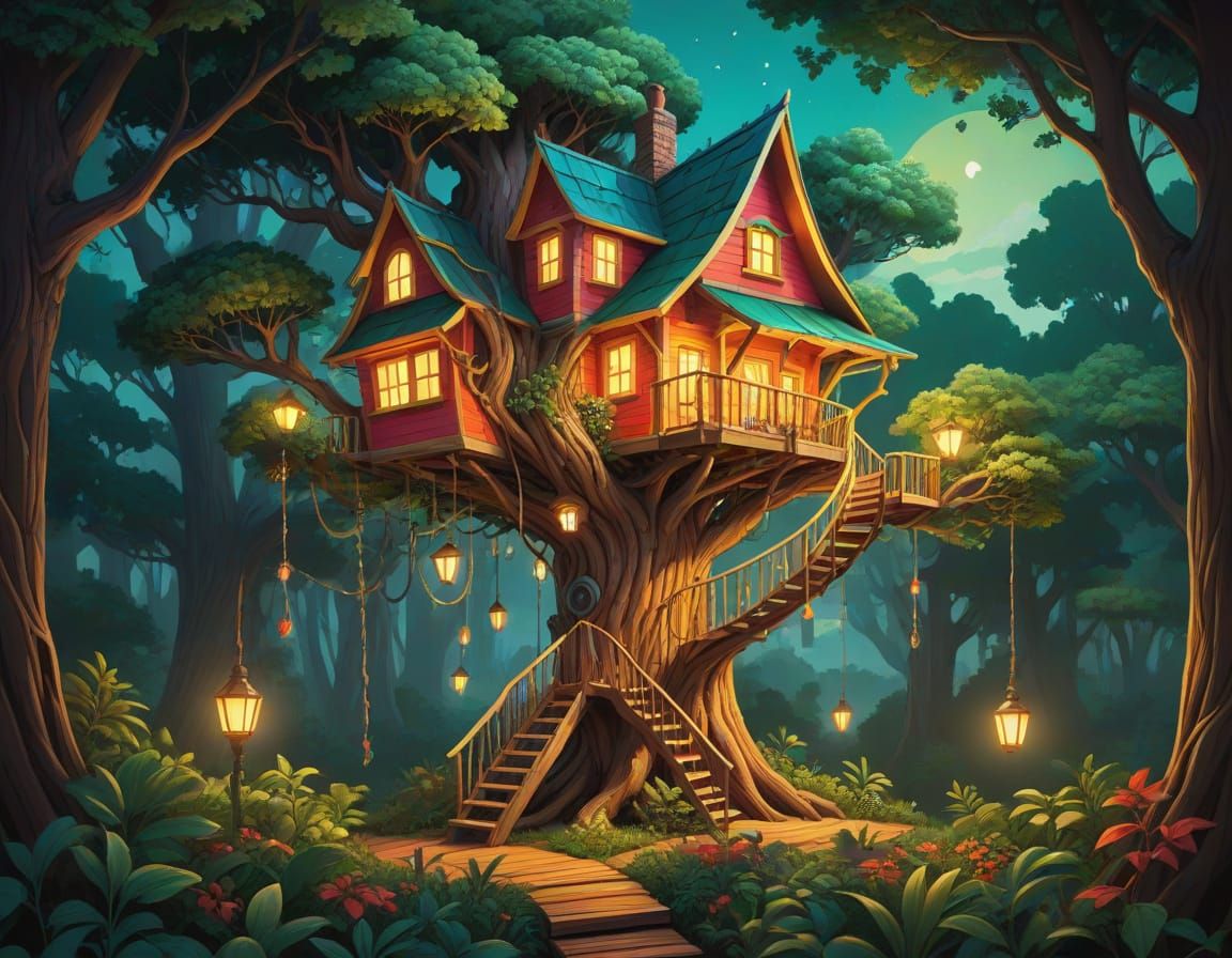 Vibrant Treehouse in Whimsical Comic Book Style