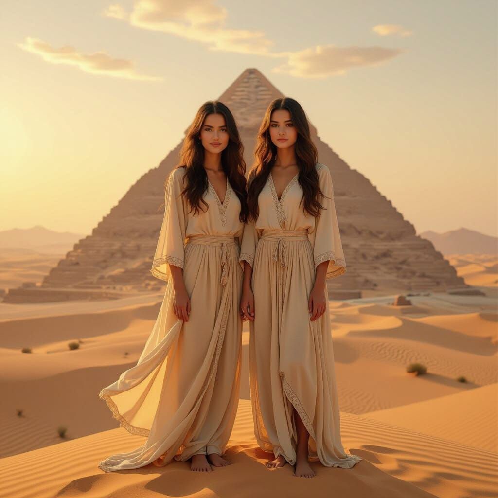Mother and Daughter on Pyramid in Atmospheric Digital Art