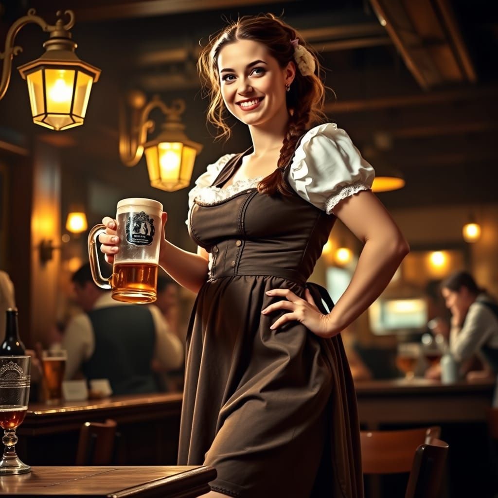 A Jovial Barmaid's Tavern Scene in a Bavarian Dirndl