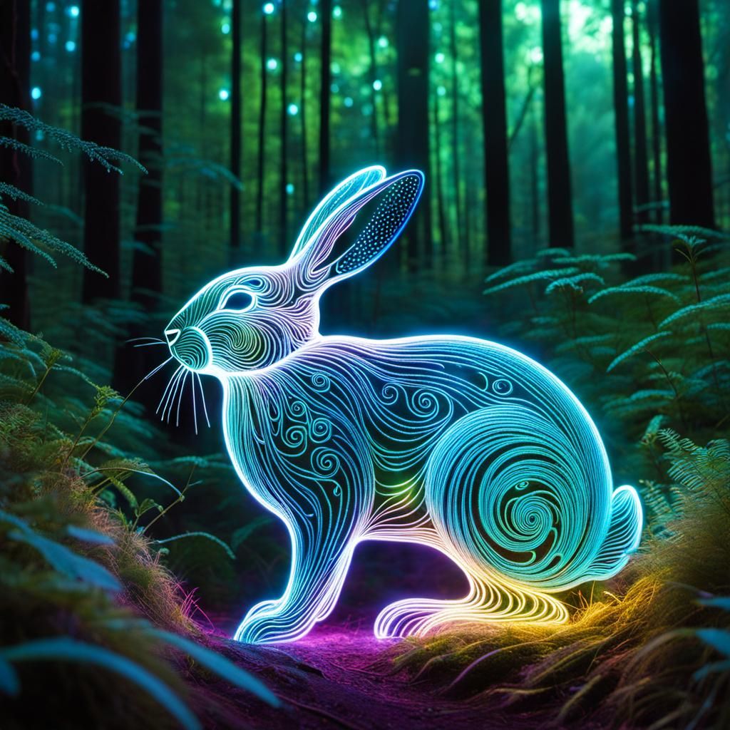 Mystical Bioluminescent Rabbit in Sparkly Forest