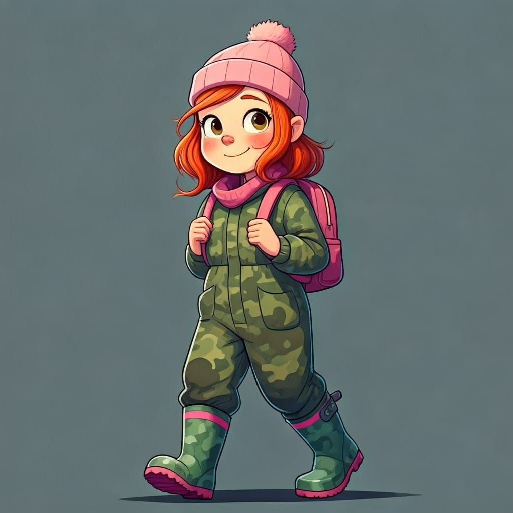 Girl with Backpack Walks to School on Frosty Morning