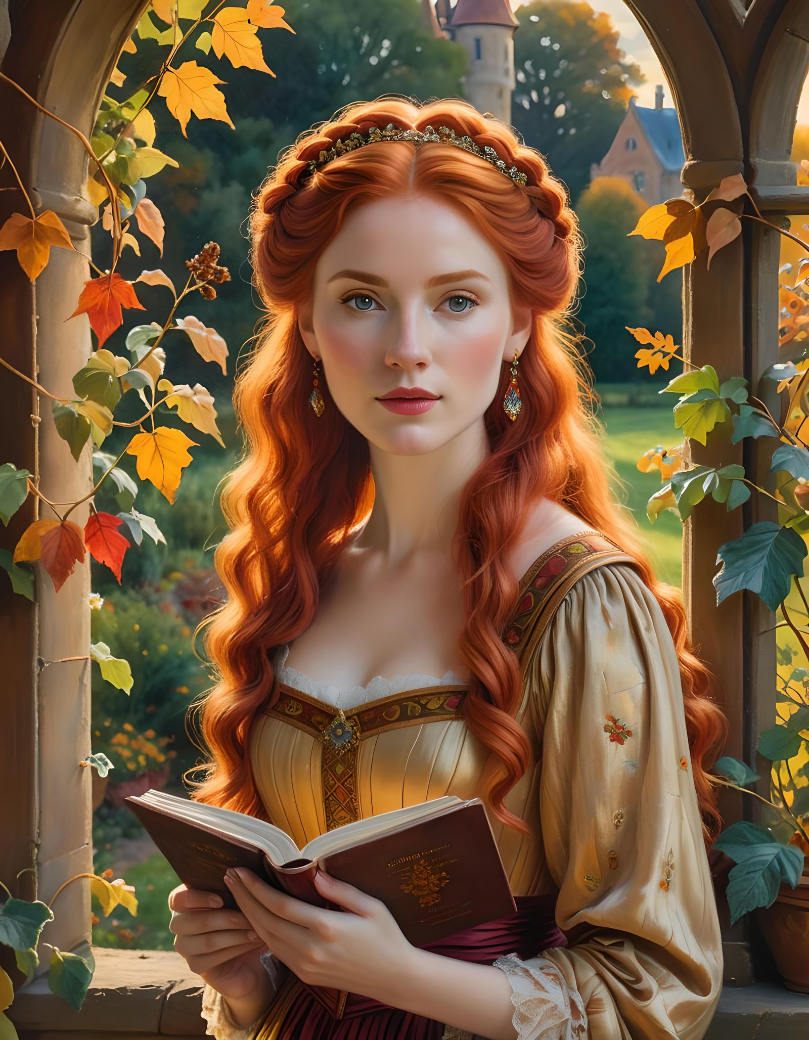 Red Haired Princess Gazing from Castle Window