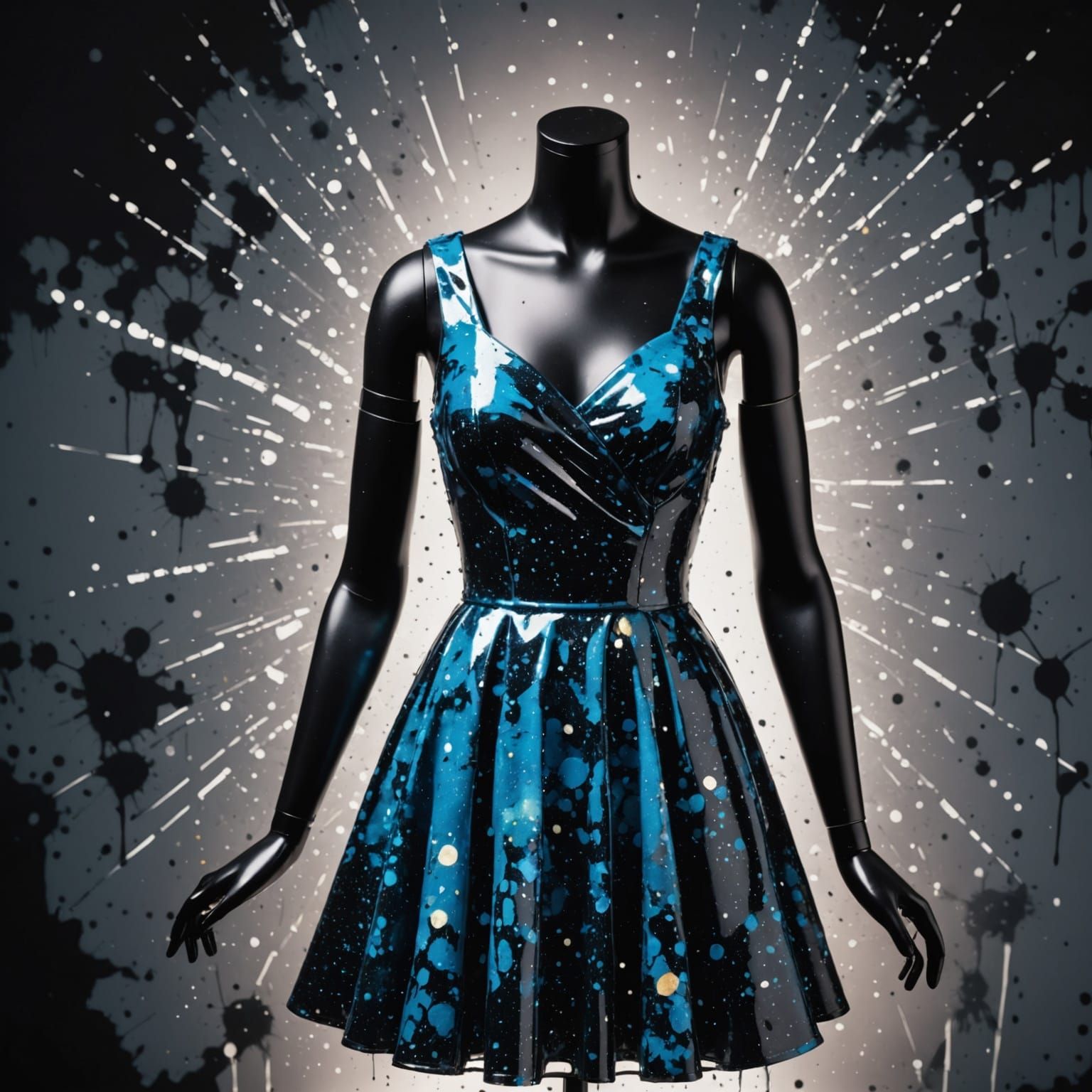 Sparkling Dress Shimmers in Moonlight, Ink Splatter Style