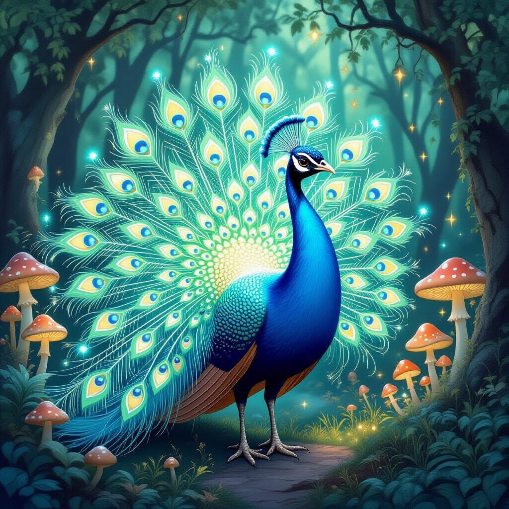 Ice Cream Peacock in Glowing Mushroom Forest