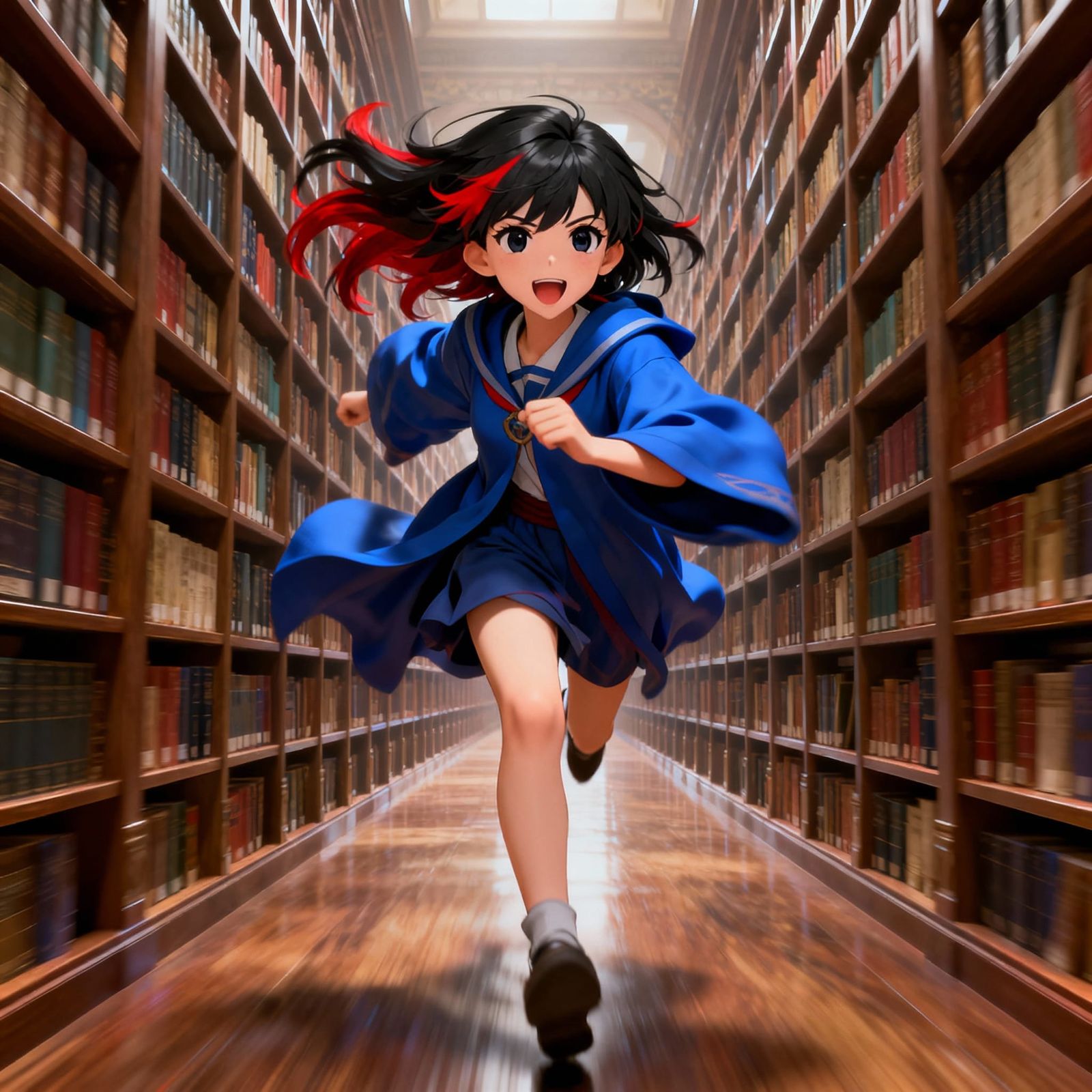 Teenage Girl Runs Through Endless Library in 3D Anime Art St...