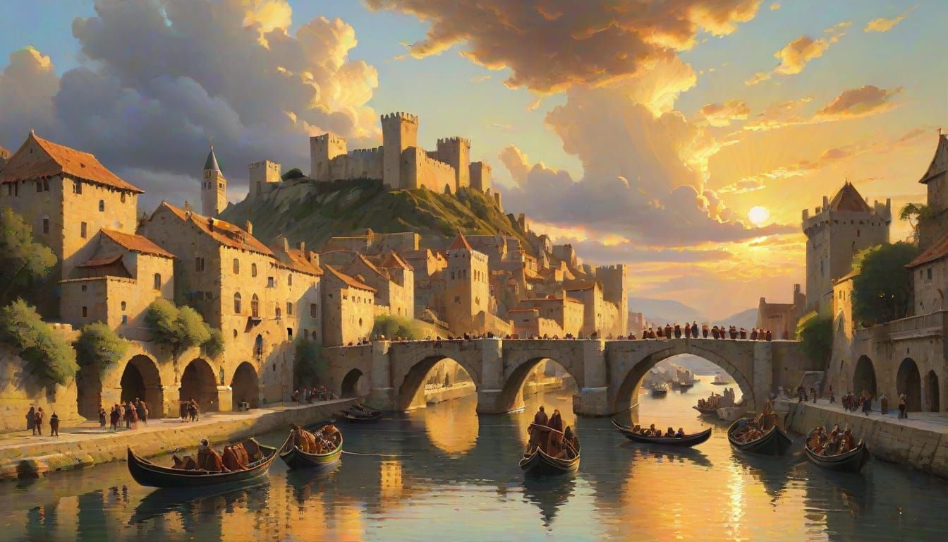 Golden Hour Medieval City with Canals and Bridges