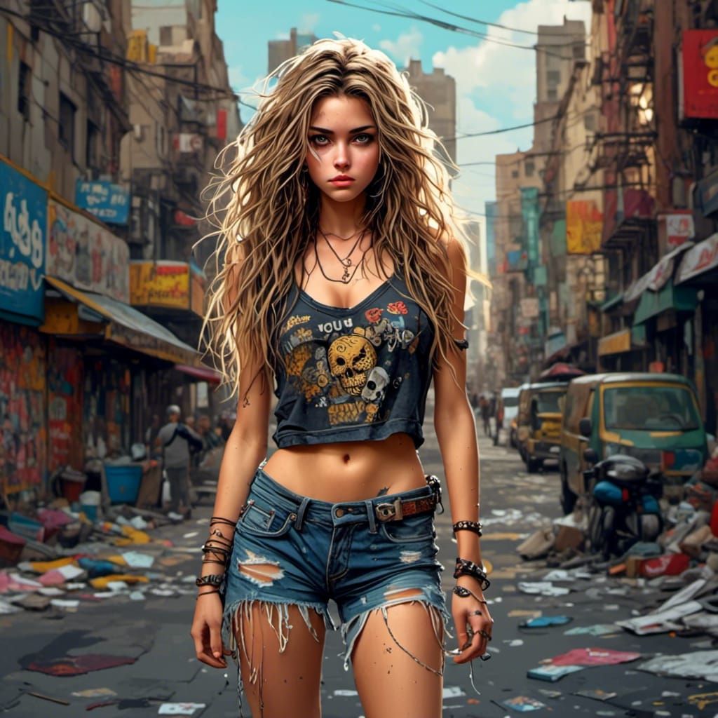 Beautiful Punk Girl in City Street Scene