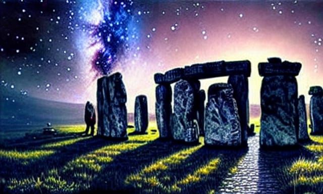 Stonehenge at Midnight Under Galaxy Sky