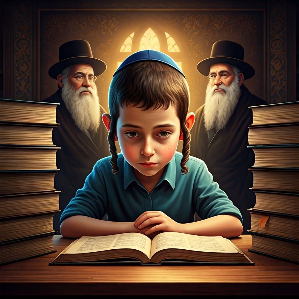 Gentle Jewish Boy Studies with Curling Hair and Vibrant Tape...