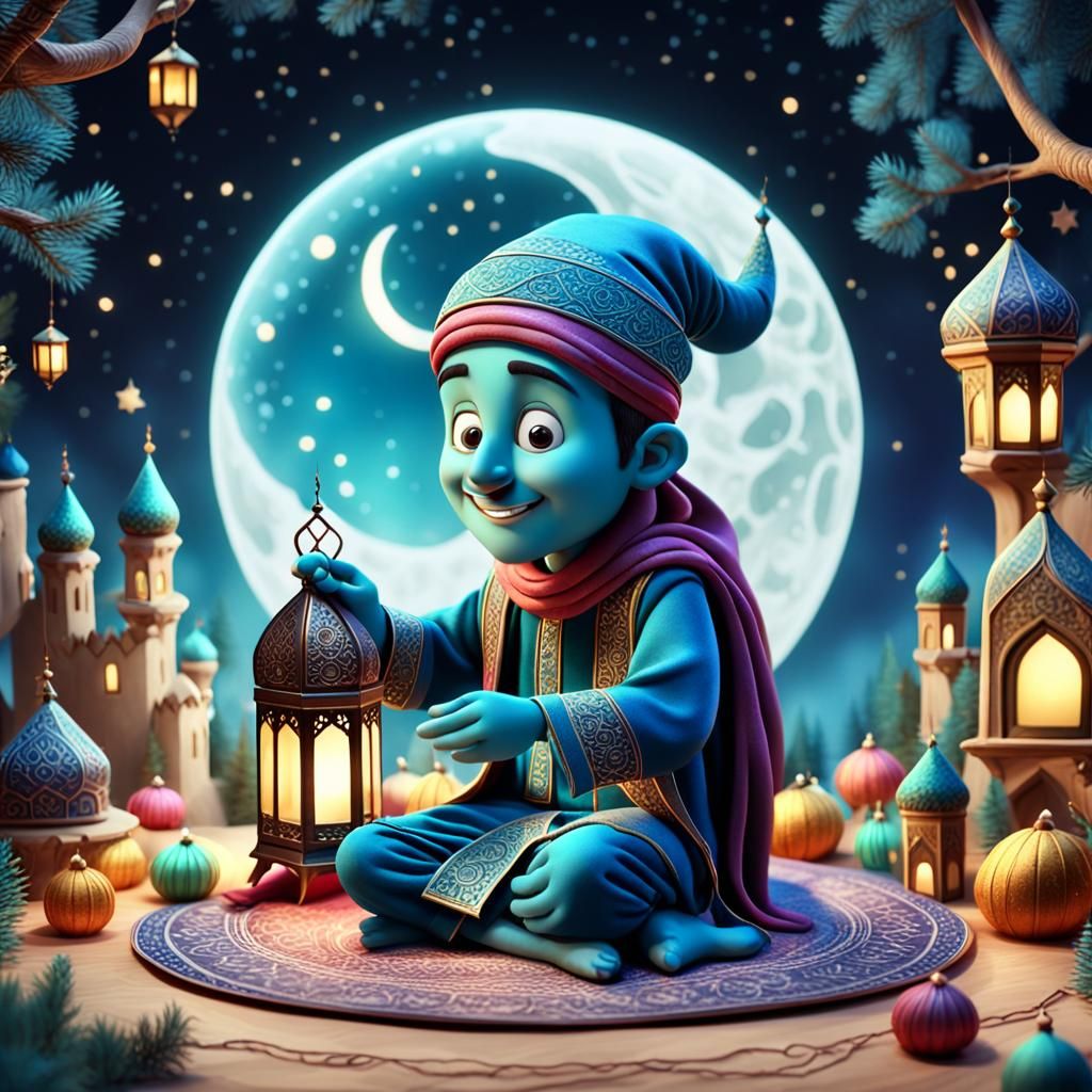 A whimsica illustration featuring a festive claymation character celebrating Ramadan.